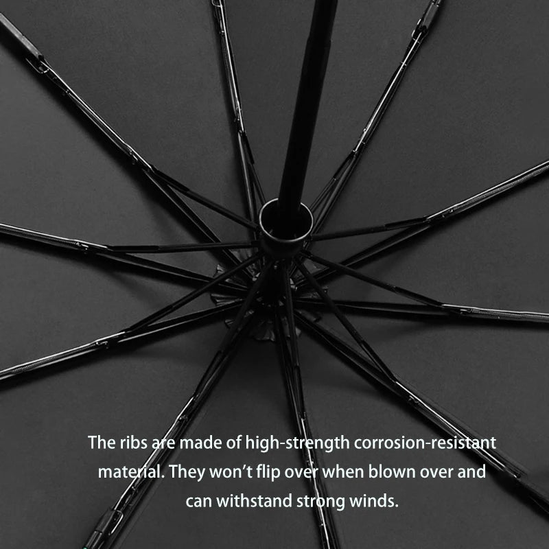 Fully Automatic Reverse-Locking 12-Rib Windproof And Rainproof Black Vinyl Sun Umbrella Suitable For Both Sunny And Rainy Days. Oasis Select