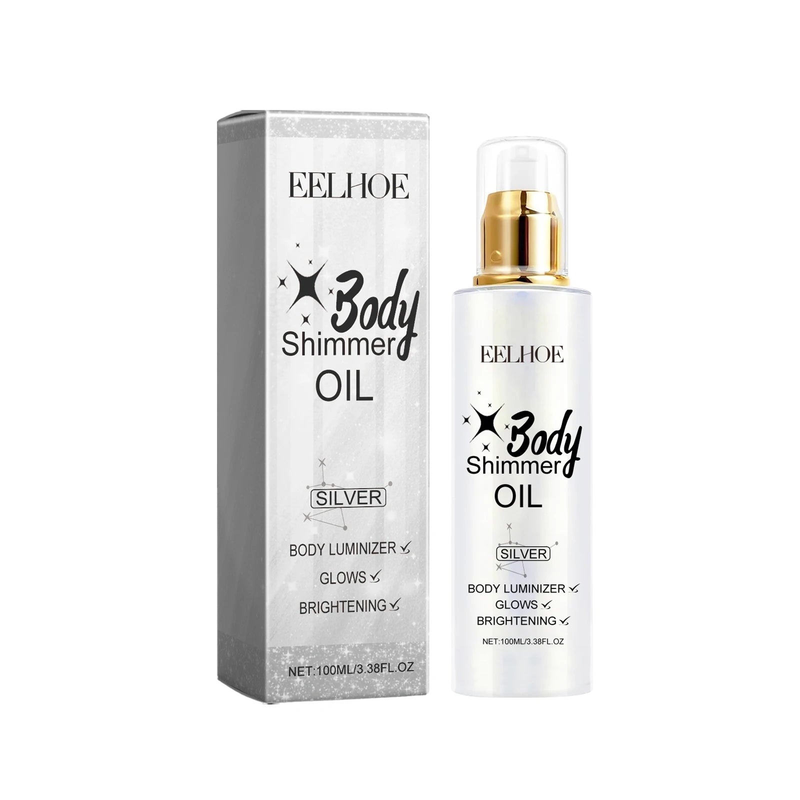 EELHOE Body Oil with Shimmer Brighten Glitter Face Contour Highlighter for Body Smooth Bronzer Liquid Illuminator Makeup 100ml Oasis Select silvery white