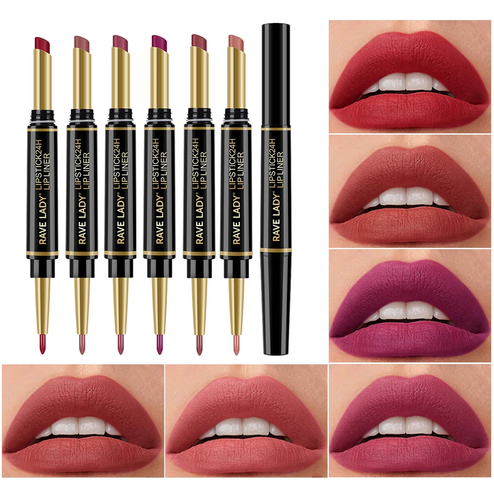 Rave Lady 2 IN 1 Matte Lipstick Lipliner Pencil 6 Color Christmas Gift Waterproof Lipstick Sexy Red Long Lasting Lipliner Makeup Oasis Select 6 Pcs 1.3g