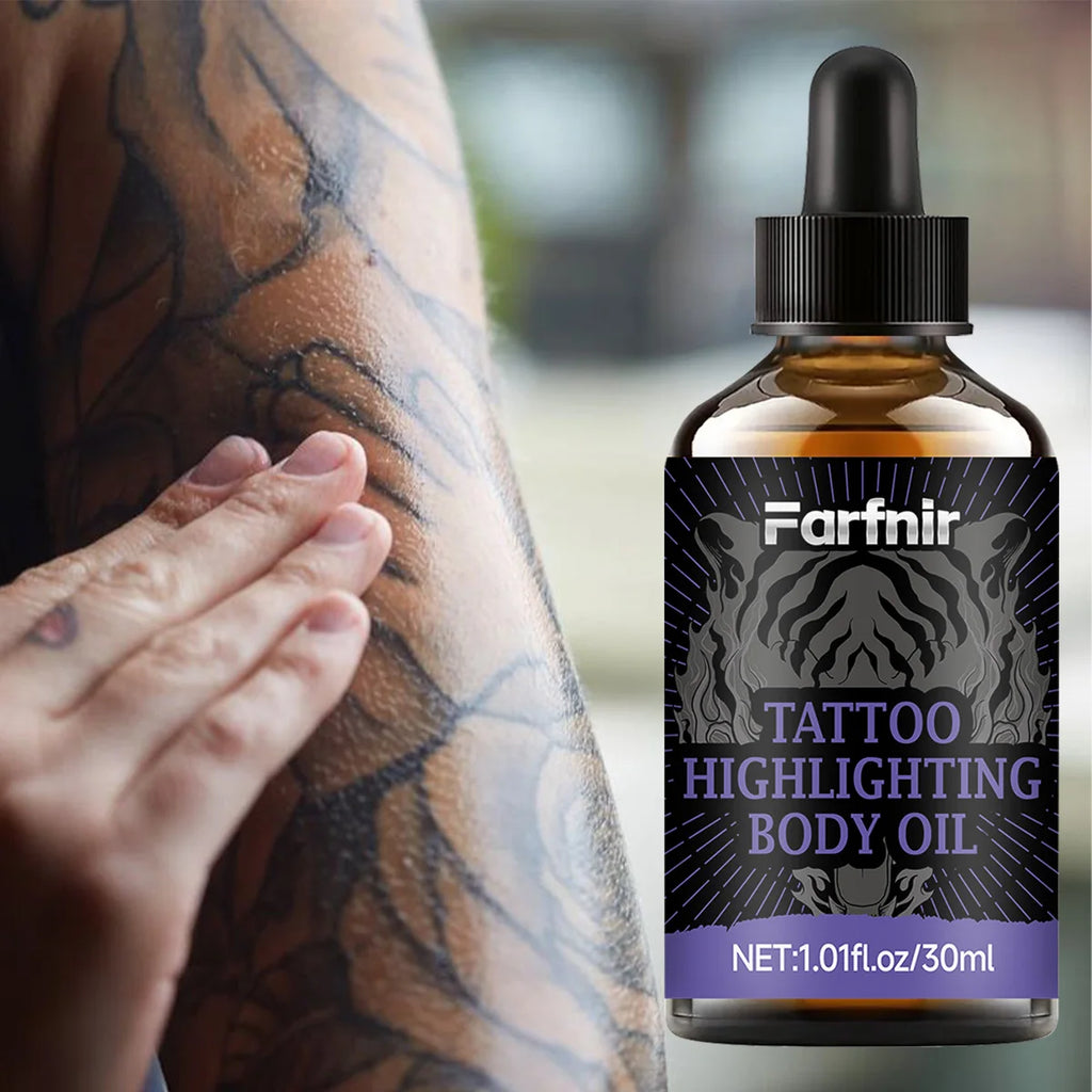Tattoo highlighting oil, brightens skin tone, nourishes the skin, enhances radiance, and protects tattoos. Oasis Select