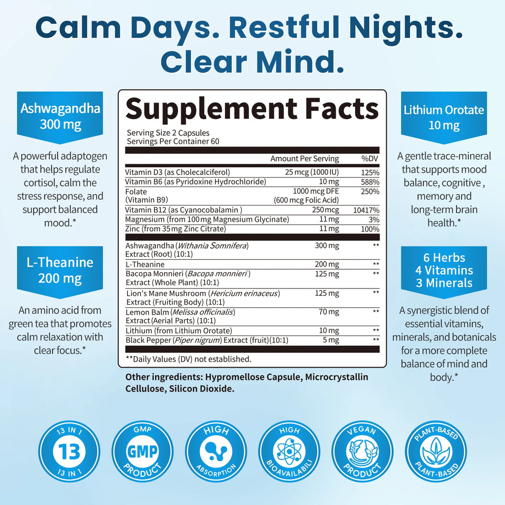 LUKAREE Lithium Orotate 10mg, Ashwagandha 300mg - Mood Focus Memory Brain Supplements with Bacopa Monnieri, Lion’s Mane Vegan Oasis Select