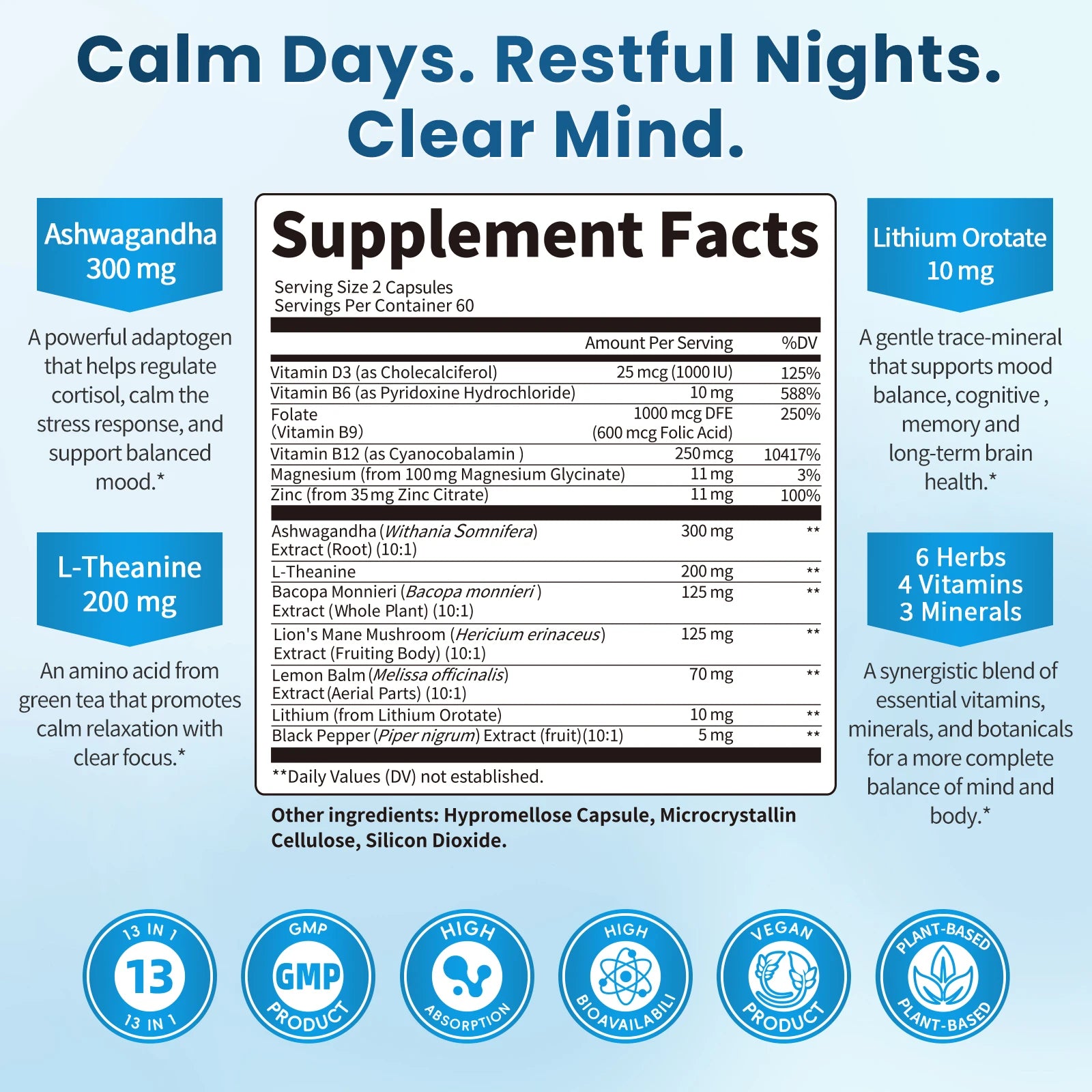 LUKAREE Lithium Orotate 10mg, Ashwagandha 300mg - Mood Focus Memory Brain Supplements with Bacopa Monnieri, Lion’s Mane Vegan Oasis Select
