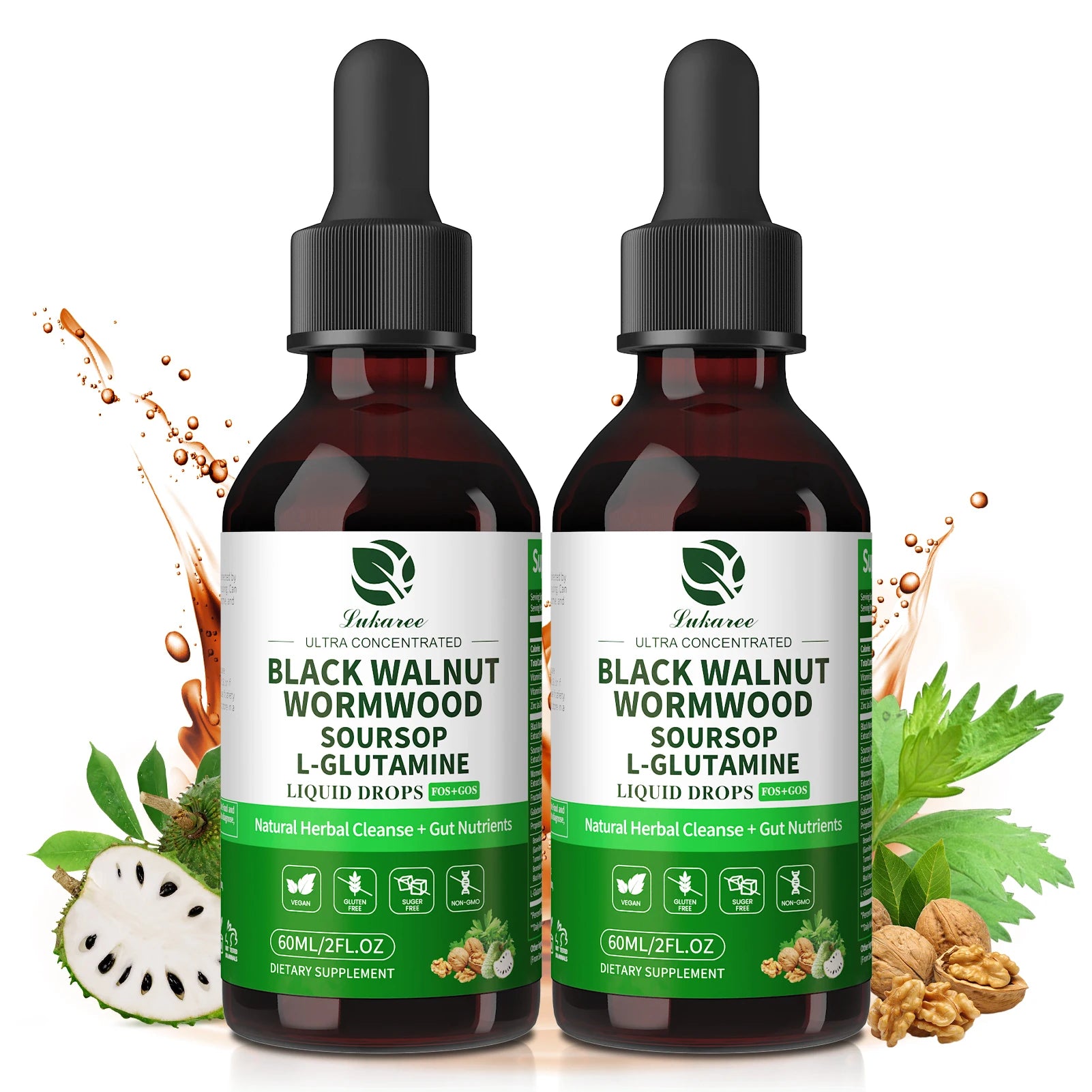 Lukaree Wormwood Black Walnut Soursop Drop with Prebiotics Gut Digestive Health Comfort Mood,Immune Support Vegan Gluten-Free Oasis Select 60ML United States