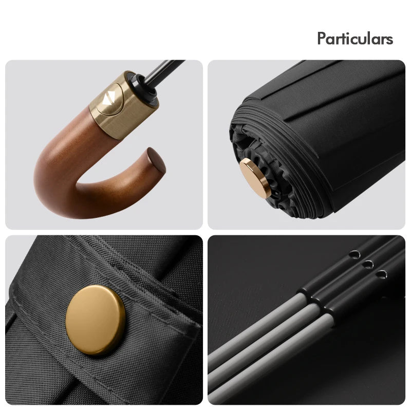 Fully automatic wooden handle curved hook windproof sunscreen folding umbrella for men and women in sunny and rainy weather Oasis Select