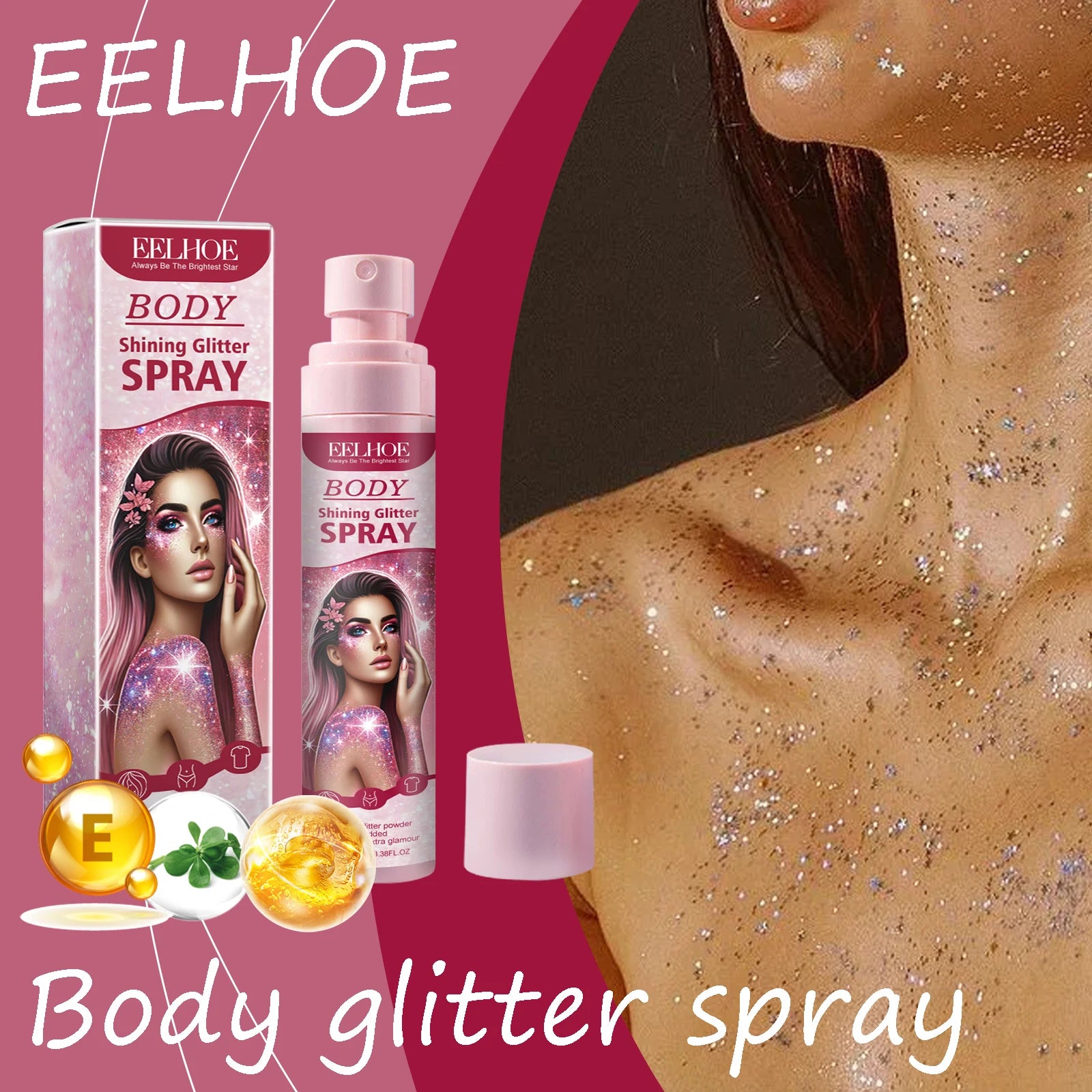 EELHOE Body Highlight Glitter Spray Temporary Hair Body Glitter Color Spray Shiny Makeup High Gloss Natural Body Shimmer Spray Oasis Select