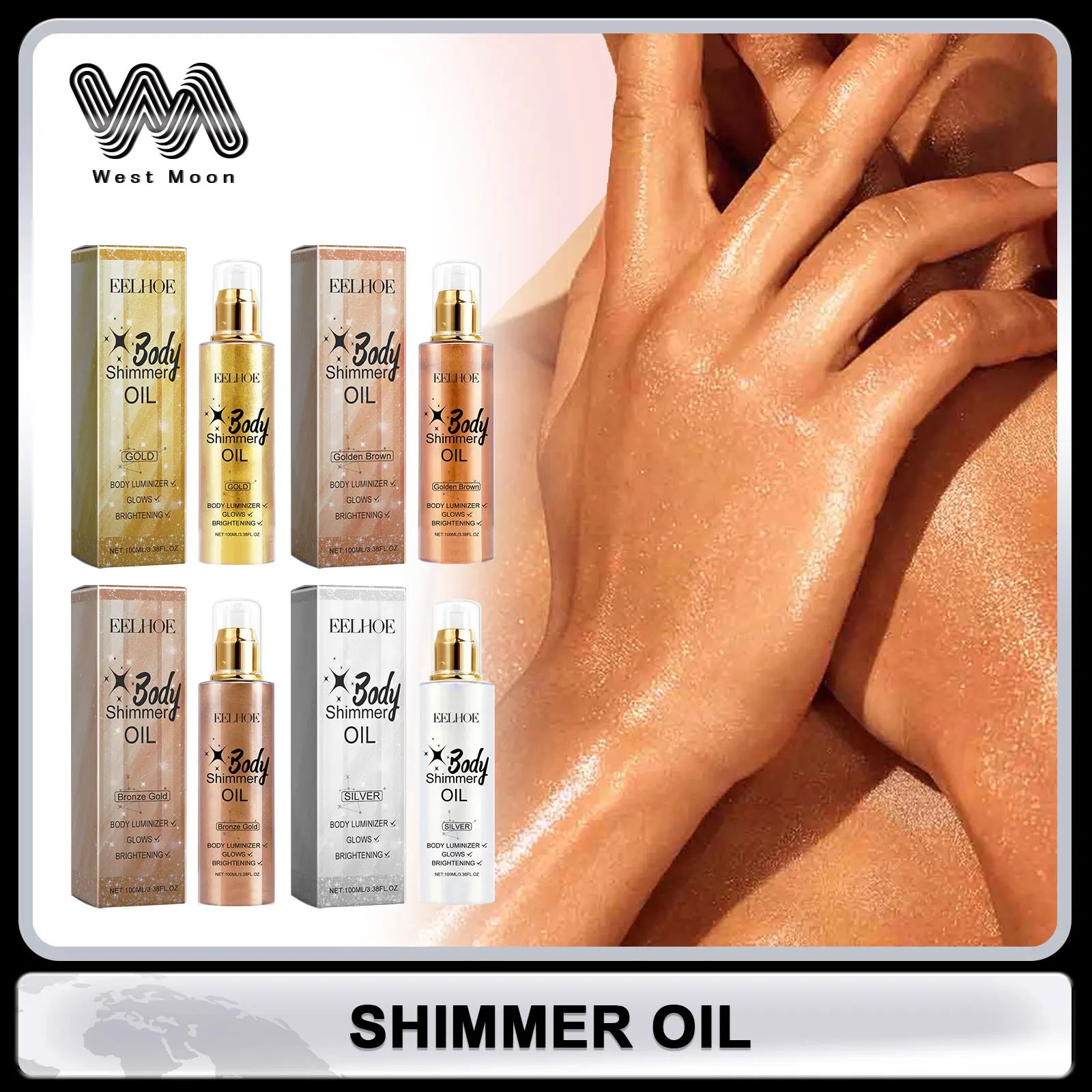 EELHOE Body Oil with Shimmer Brighten Glitter Face Contour Highlighter for Body Smooth Bronzer Liquid Illuminator Makeup 100ml Oasis Select
