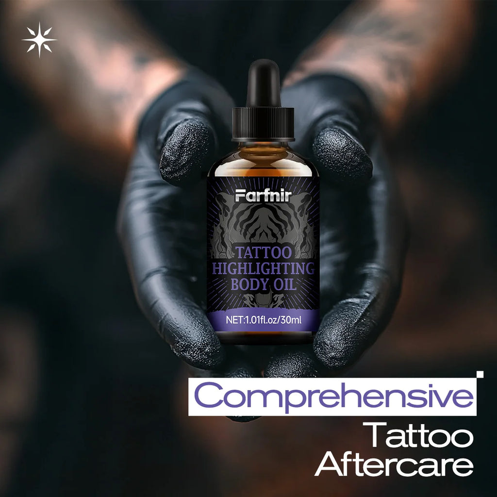 Tattoo highlighting oil, brightens skin tone, nourishes the skin, enhances radiance, and protects tattoos. Oasis Select