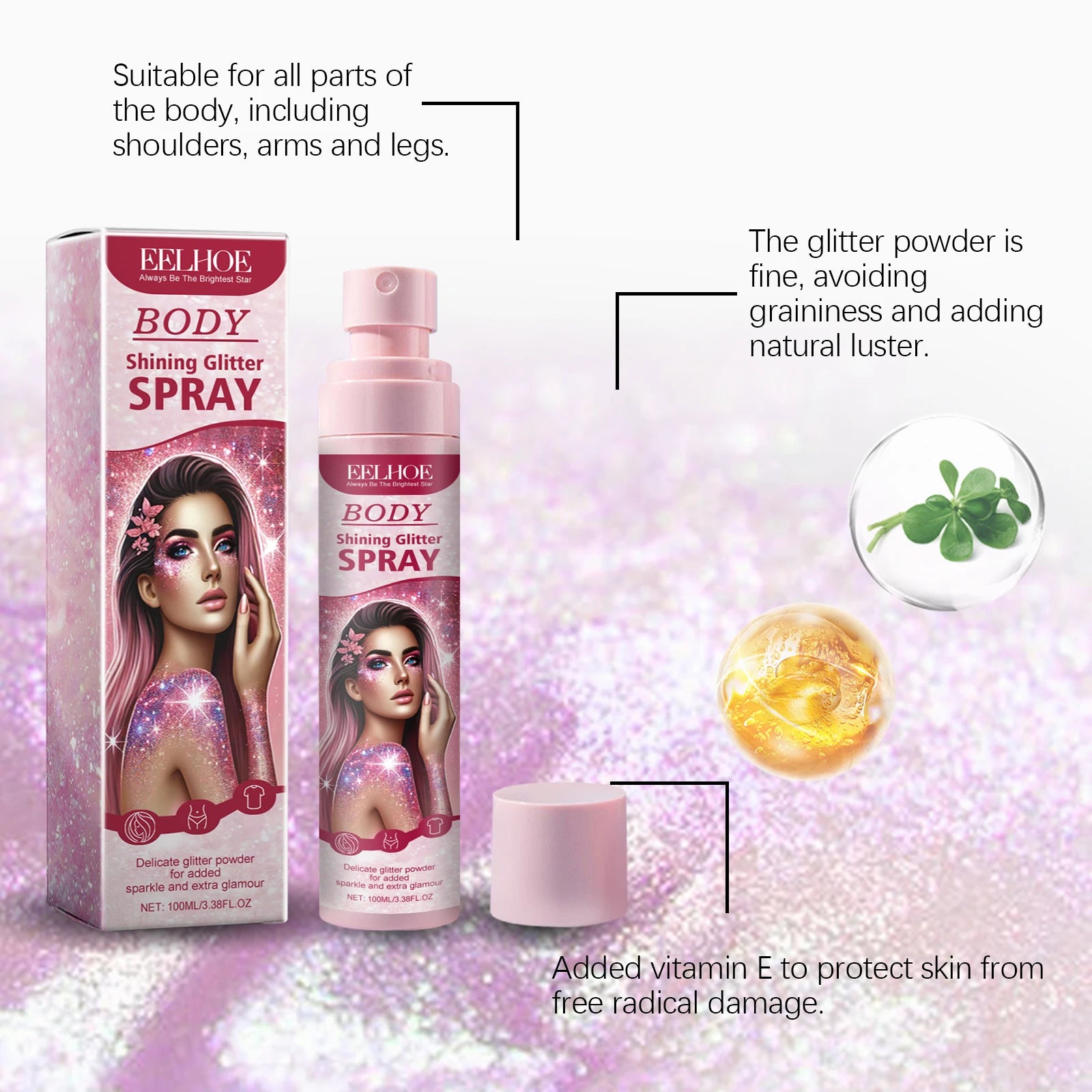 EELHOE Body Highlight Glitter Spray Temporary Hair Body Glitter Color Spray Shiny Makeup High Gloss Natural Body Shimmer Spray Oasis Select