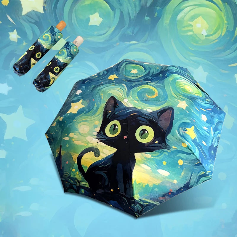 Green Folding Umbrella Cartoon Cat Professional Sun Protection and UV Protection Umbrella Suitable for Sunny and Rainy Days. Oasis Select
