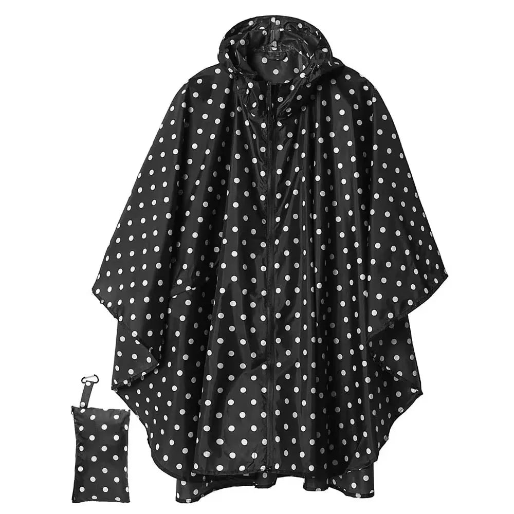 Portable adult zip-up rain poncho with white polka dot pattern unisex suitable for outdoor activities such as hiking and cycling Oasis Select black