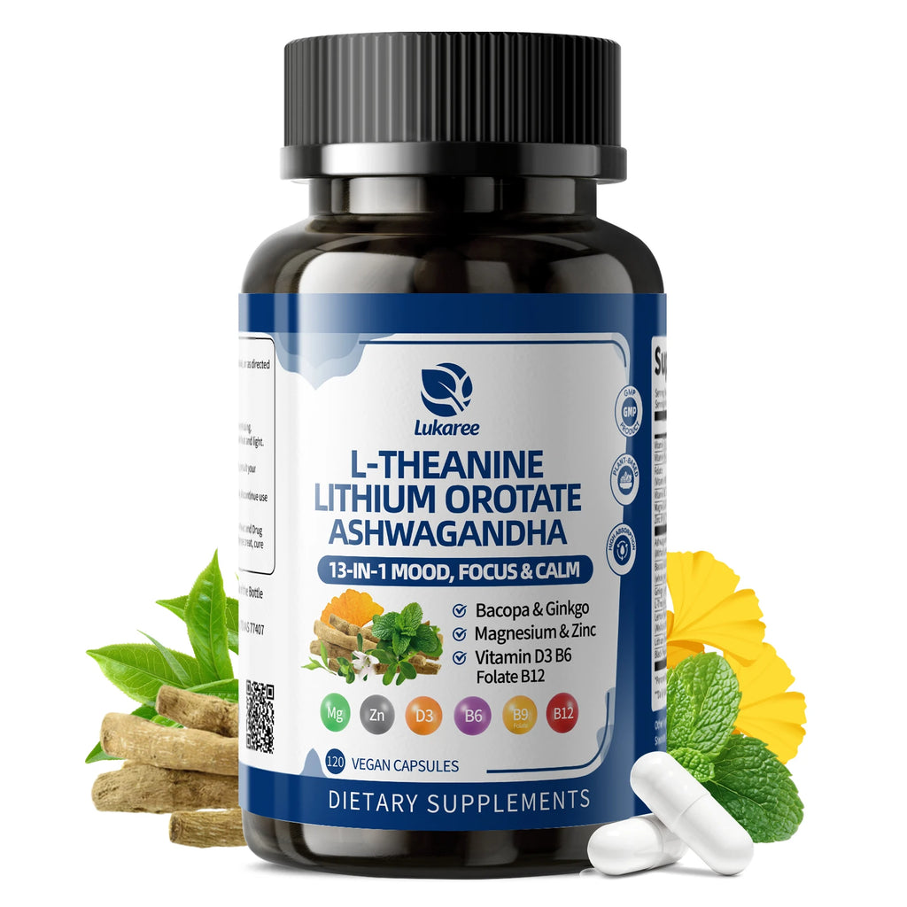 LUKAREE Lithium Orotate 10mg, Ashwagandha 300mg - Mood Focus Memory Brain Supplements with Bacopa Monnieri, Lion’s Mane Vegan Oasis Select