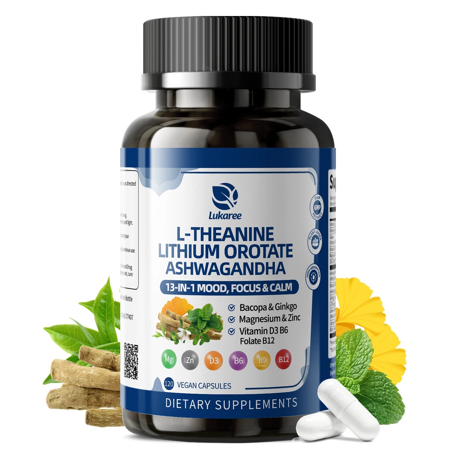 LUKAREE Lithium Orotate 10mg, Ashwagandha 300mg - Mood Focus Memory Brain Supplements with Bacopa Monnieri, Lion’s Mane Vegan Oasis Select