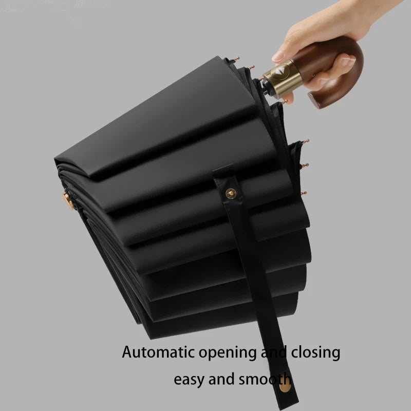 Fully automatic wooden handle curved hook windproof sunscreen folding umbrella for men and women in sunny and rainy weather Oasis Select