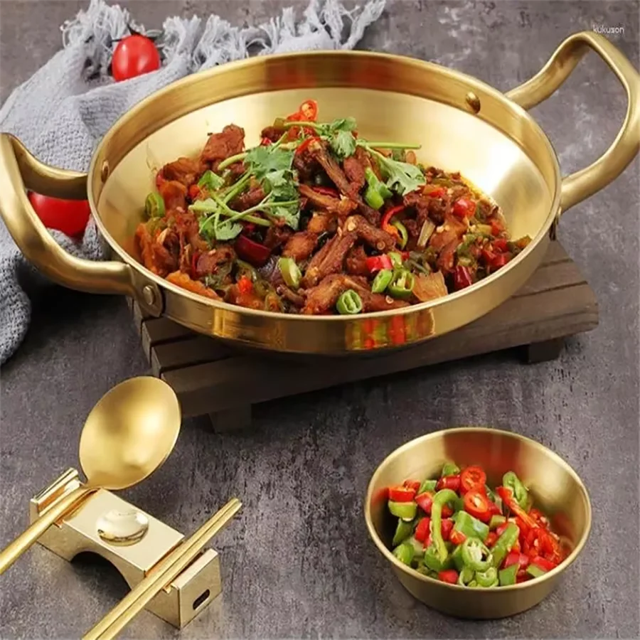 Korean Frying Pan Stainless Steel Paella Pan with Gold Handle Cooking Pot Seafood Rice Pans Non Stick Skillet Kitchen Cookware Oasis Select