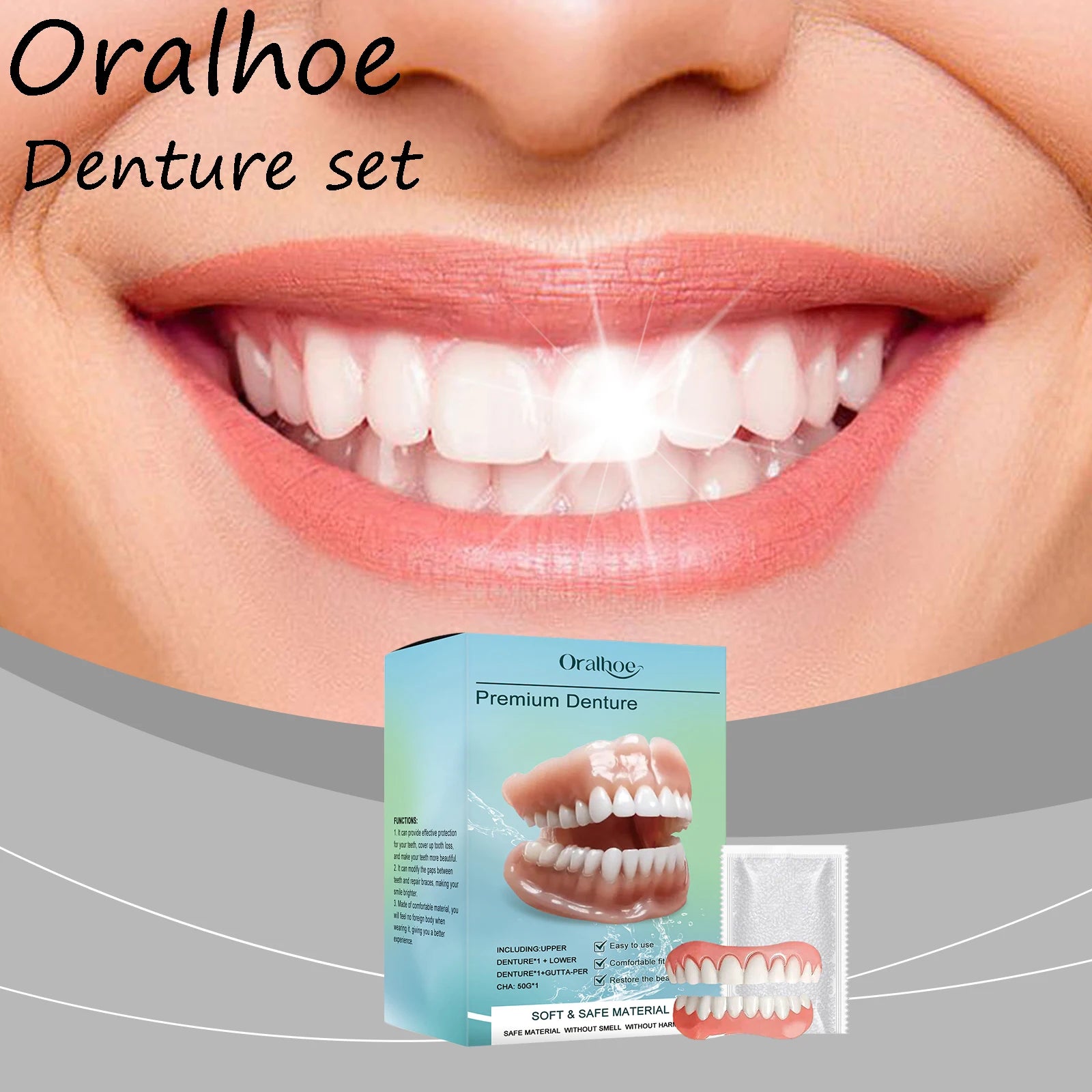 Oralhoe Silicone Fake Teeth Set Natural False Tooth Denture Comfortable Filling Teeth Gap Safe Simple Perfect Smile Firm Denture Oasis Select