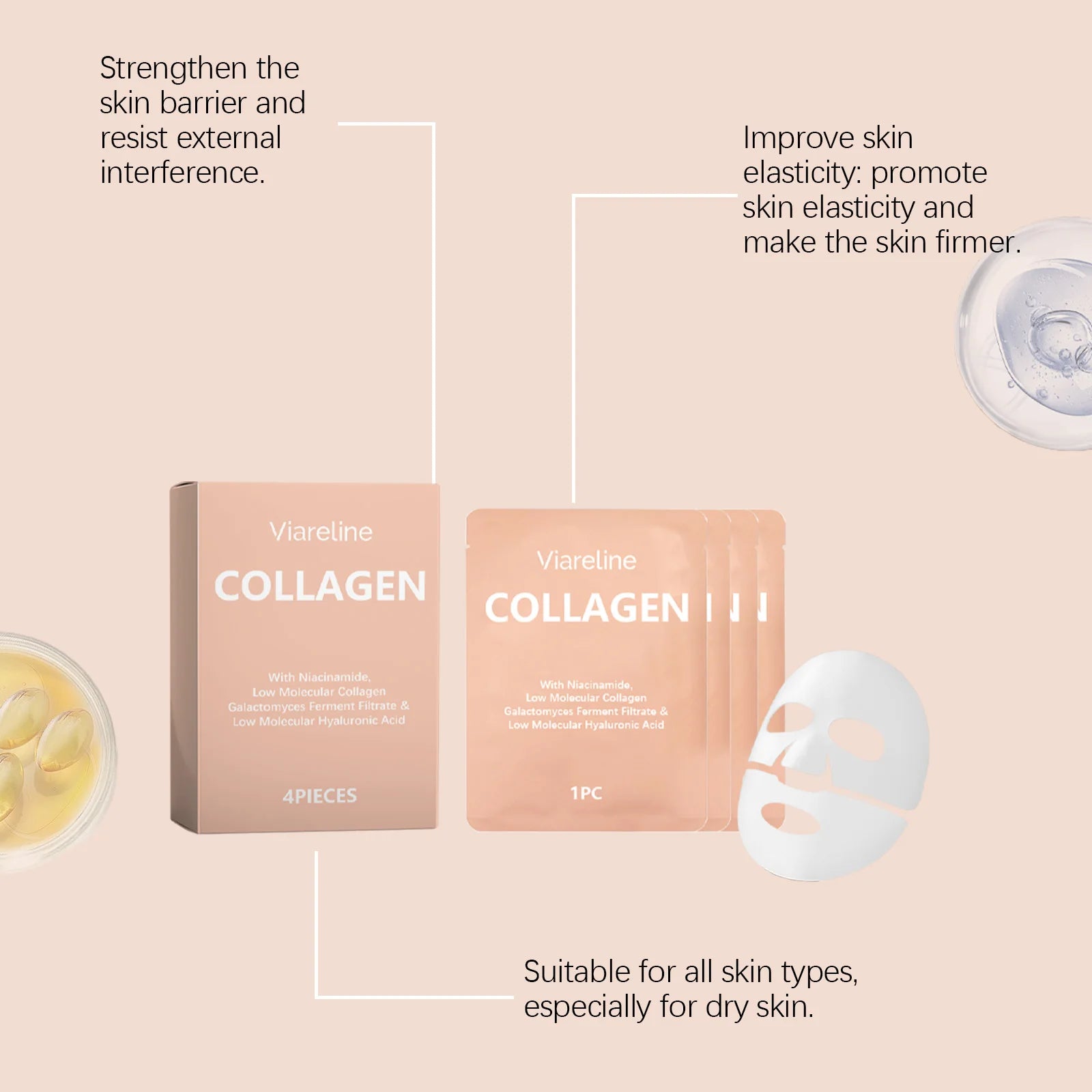4PCS Collagen Face Mask Deep Hydrating Relief Dryness Soothing Redness Enhance Smoothness Softening Improve Elasticity Face Mask Oasis Select