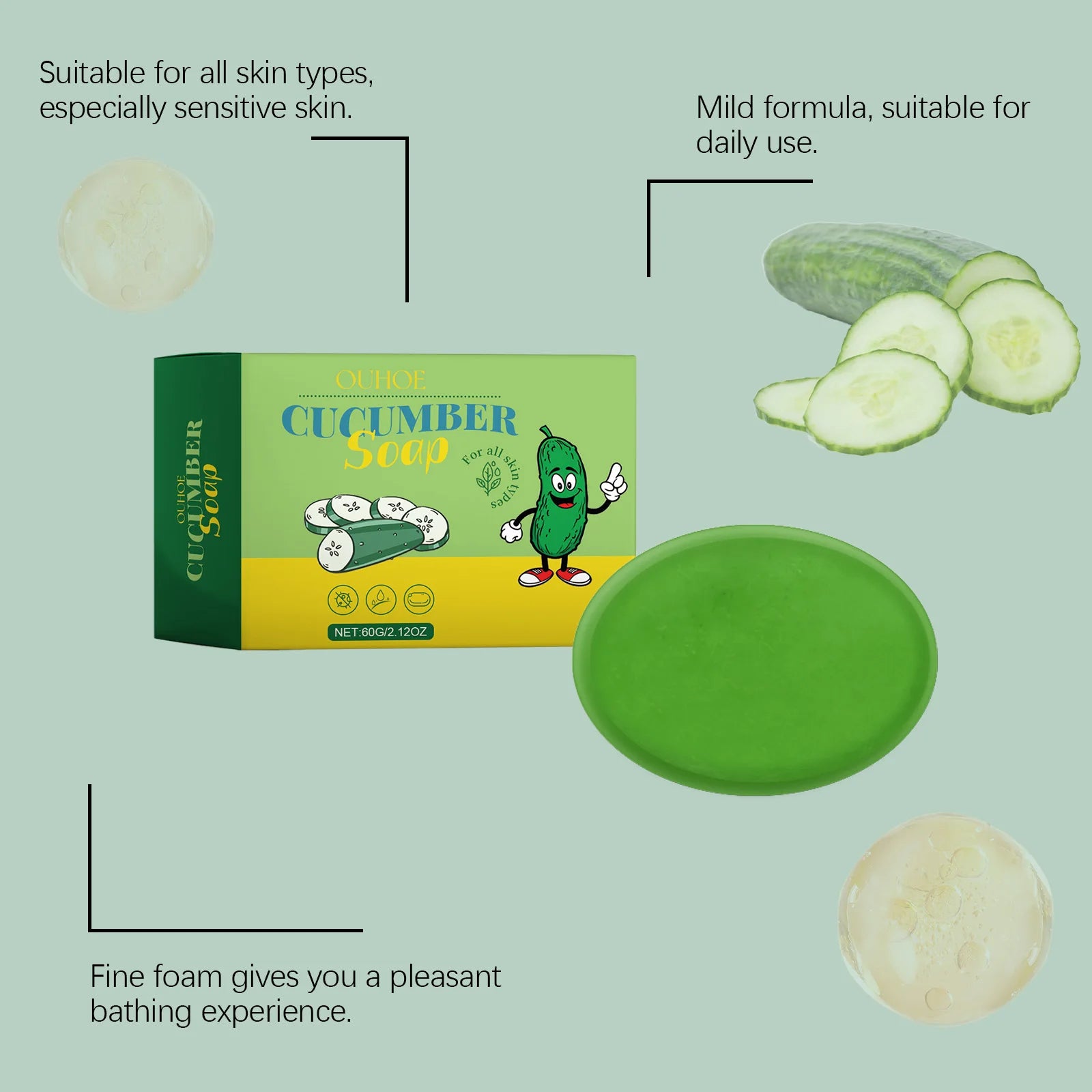 60G Cucumber Bathing Soap Deep Cleaning Pores Oil Control Refreshing Moisturizing Non-tight Enhance Smoothness Bathing Body Soap Oasis Select
