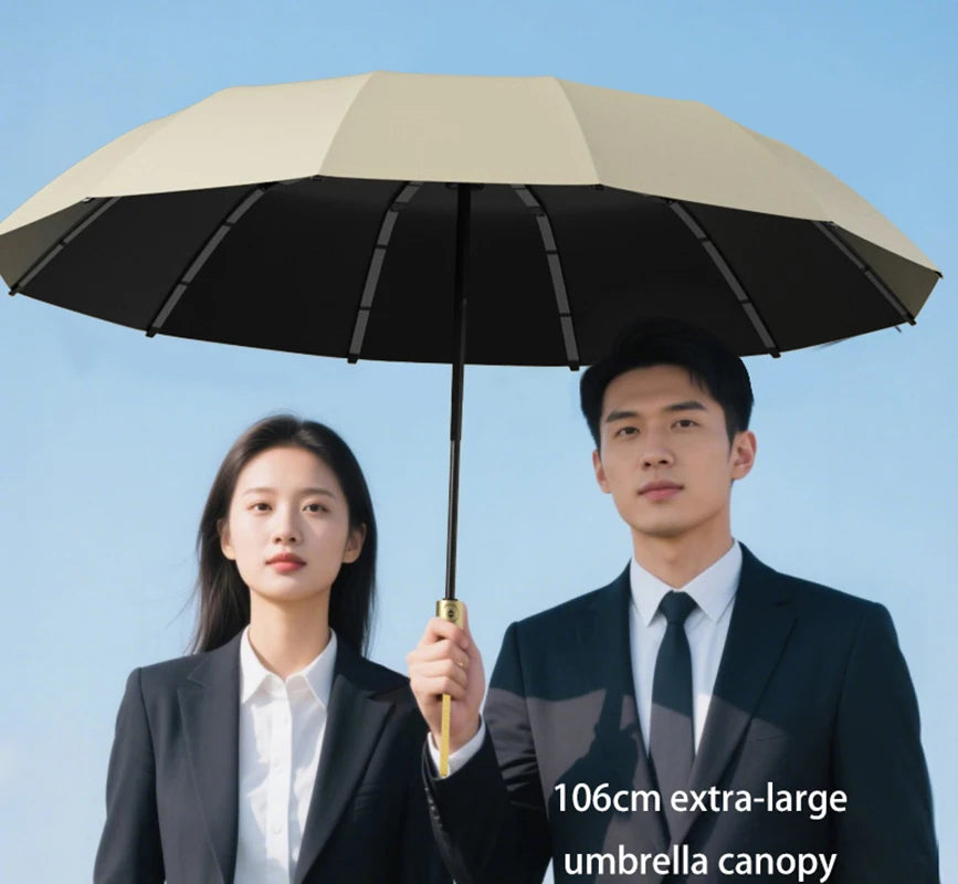 Solid wood handle automatic opening and closing, windproof and rainproof 12 large ribs large size unisex folding umbrella Oasis Select