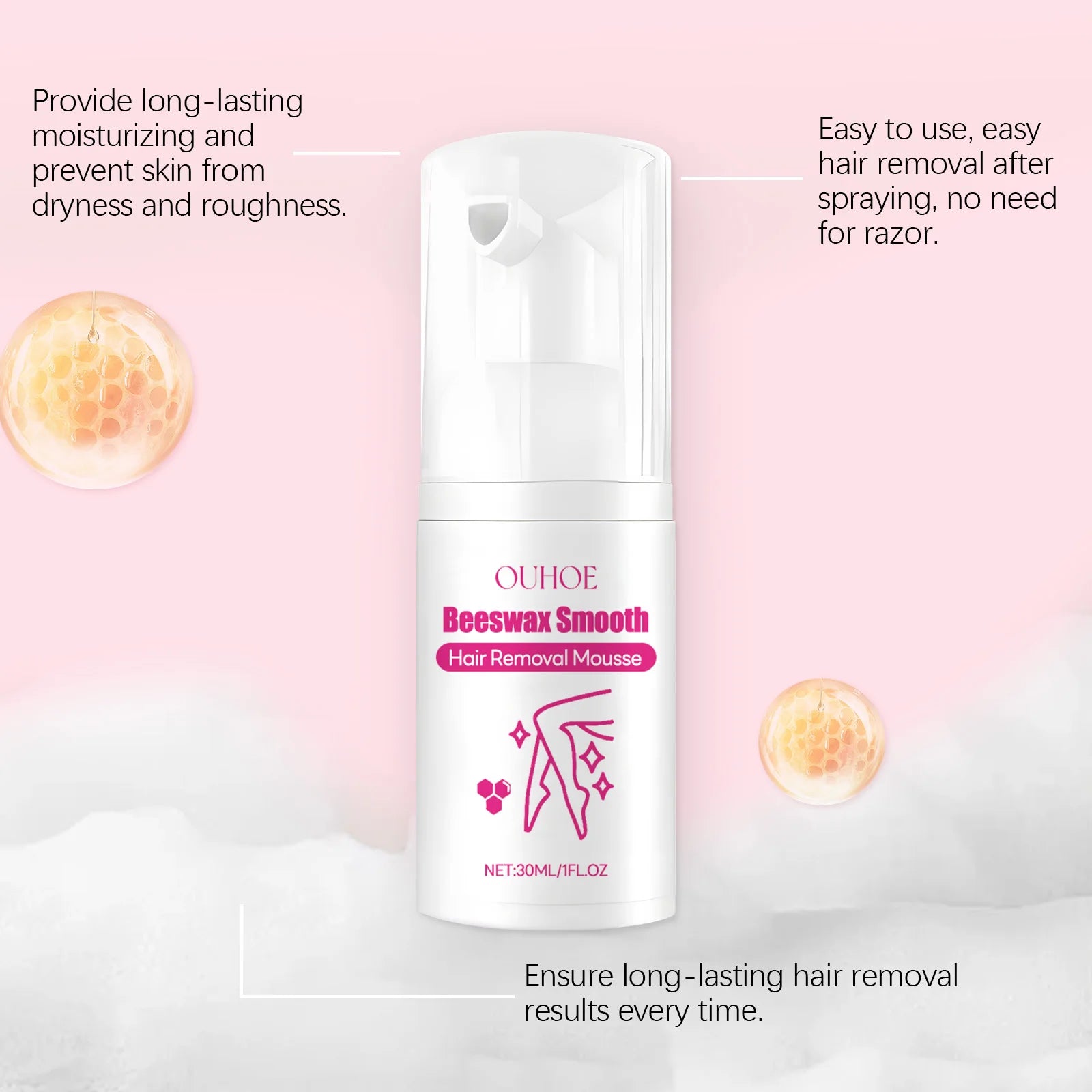 30ML Beeswax Hair Removal Mousse Smoothing Skin Refreshing Hydrating Prevent Dryness Non-irritating Natural Hair Remover Mousse Oasis Select