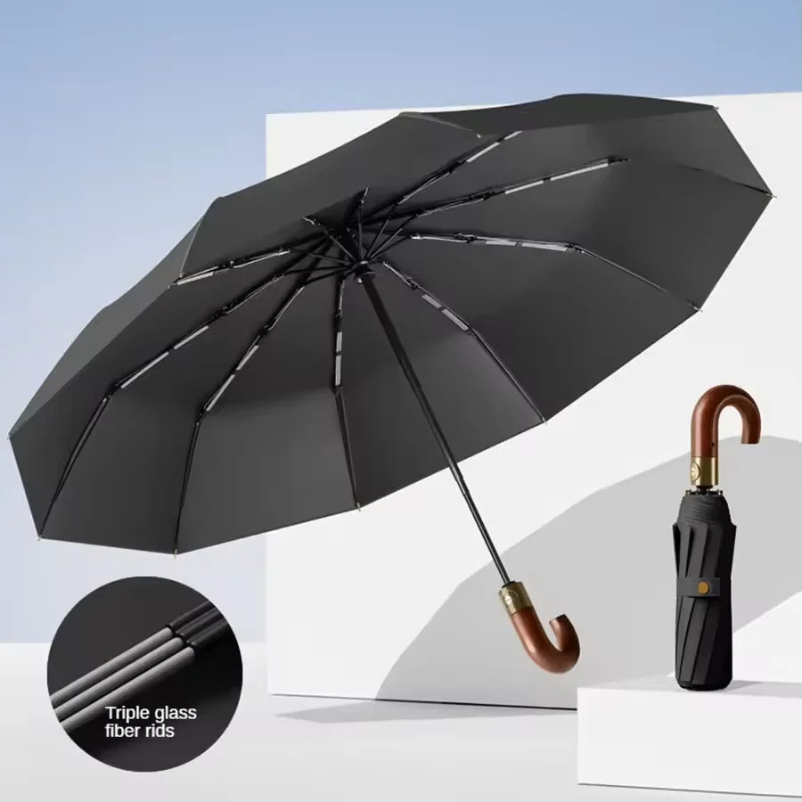 Fully automatic wooden handle curved hook windproof sunscreen folding umbrella for men and women in sunny and rainy weather Oasis Select black 10K full-fiber