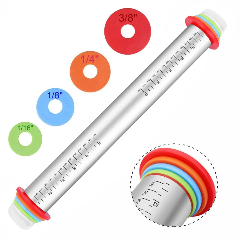Adjustable Stainless Steel Rolling Pins 4 Removable Thickness Rings Pastry Mat for Dough Pizza Pastry Pie Cookies Bakeware Tool Oasis Select