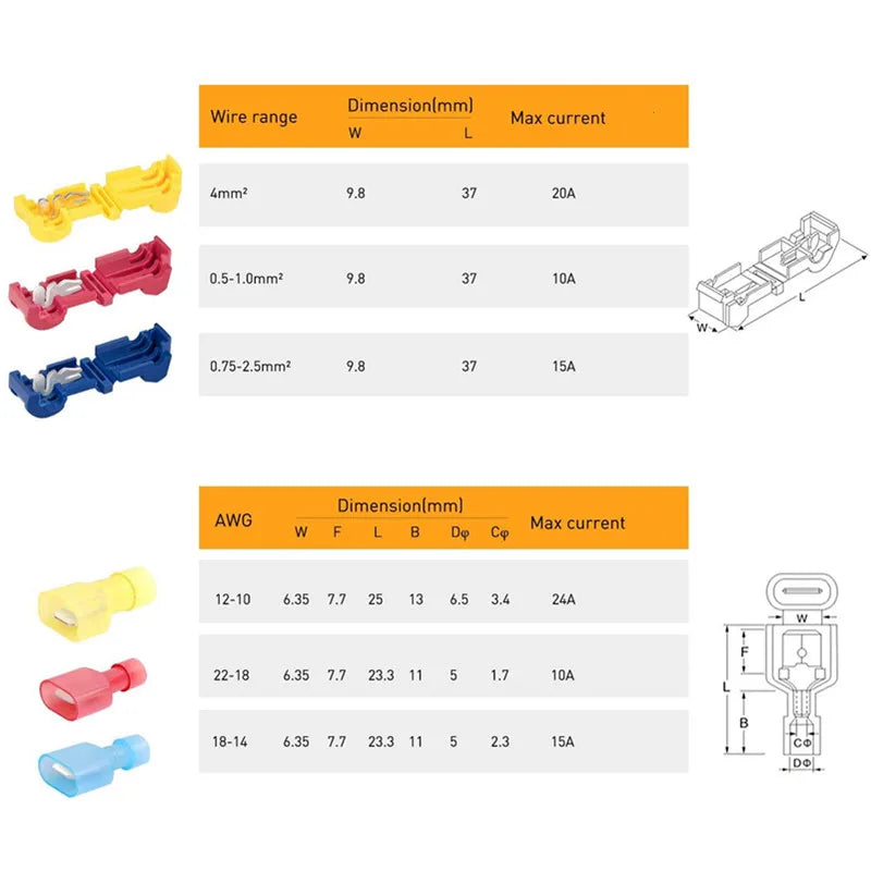 T-Tap Wire Connectors Self-Stripping Quick Splice Electrical Wire Terminals Insulated Male Disconnect Spade Lock Cable Crimp Oasis Select