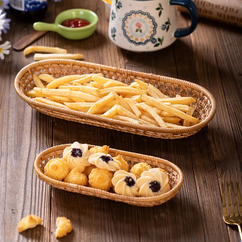 Hand-Woven Rattan Bread Storage Tray Fruit Basket Breakfast Serving Trays Oval Tea Snack Plate Cutlery Tray Home Decoration Oasis Select