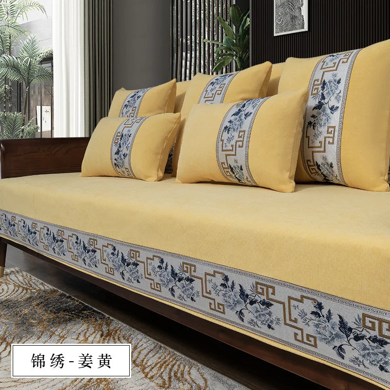 Four seasons universal high-grade solid wood non-slip new Chinese sofa cushion Nordic minimalist style back towel couch cover Oasis Select 90x210cm Turmeric