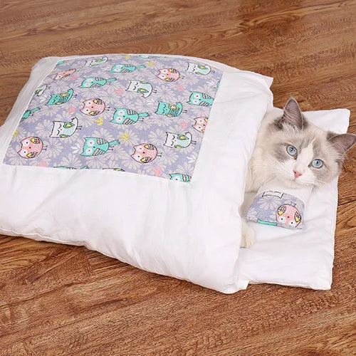 Japanese Cat Bed Warm Sleeping Bags Deep Sleep Caves Winter Removable Pet Cat's House Bed for Cats Dogs Nest Cushion with Pillow Oasis Select D M