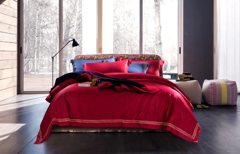 120s long-staple cotton satin cotton light luxury quilt cover four-piece high-end hotel European-style cotton bedding Oasis Select Pomegranate red 1.8m bed sheet