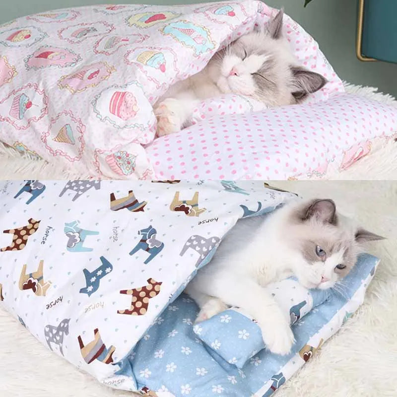 Japanese Cat Bed Warm Sleeping Bags Deep Sleep Caves Winter Removable Pet Cat's House Bed for Cats Dogs Nest Cushion with Pillow Oasis Select