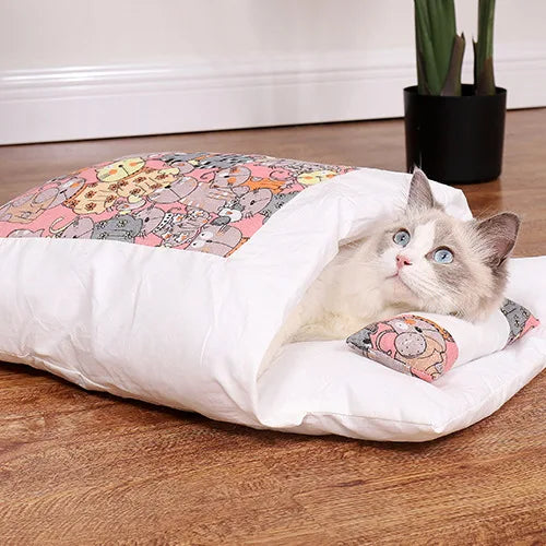 Japanese Cat Bed Warm Sleeping Bags Deep Sleep Caves Winter Removable Pet Cat's House Bed for Cats Dogs Nest Cushion with Pillow Oasis Select A L