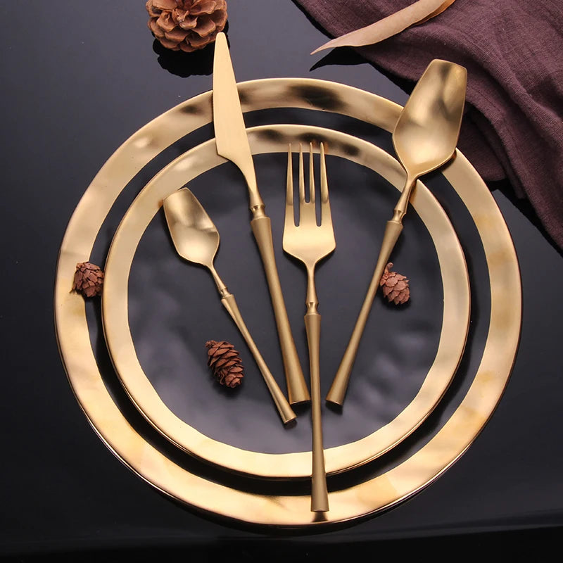 24Pcs/set Dinnerware Set 304 Stainless Steel Black Gold Cutlery Set Knife Fork Set Flatware Tableware Forks Knives Spoons Oasis Select