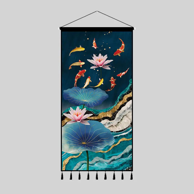 Tapestry decoration painting living room entrance porch new Chinese background cloth wall decoration hanging cloth wall decor Oasis Select 40cm x80cm 4 tassels 2