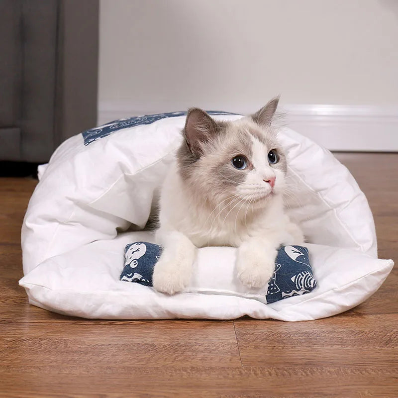 Japanese Cat Bed Warm Sleeping Bags Deep Sleep Caves Winter Removable Pet Cat's House Bed for Cats Dogs Nest Cushion with Pillow Oasis Select
