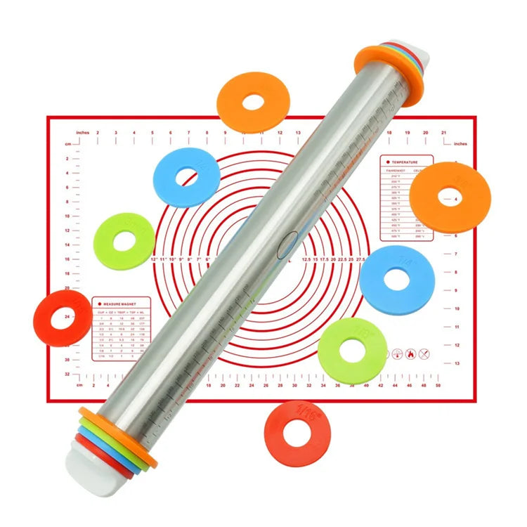 Adjustable Stainless Steel Rolling Pin – 4 Rings & Pastry Mat Adjustable Rolling Pin Oasis Select RED-60X40CM Rolling