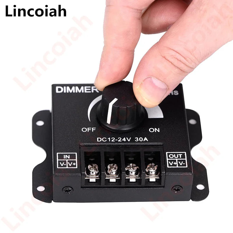 LED Light Strip Dimmer, DC12V-24V 30A PWM Dimming Controller for Dimmer Knob Adjust Brightness ON/Off Switch, Aluminum Housing Oasis Select