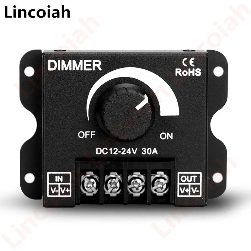 LED Light Strip Dimmer, DC12V-24V 30A PWM Dimming Controller for Dimmer Knob Adjust Brightness ON/Off Switch, Aluminum Housing Oasis Select