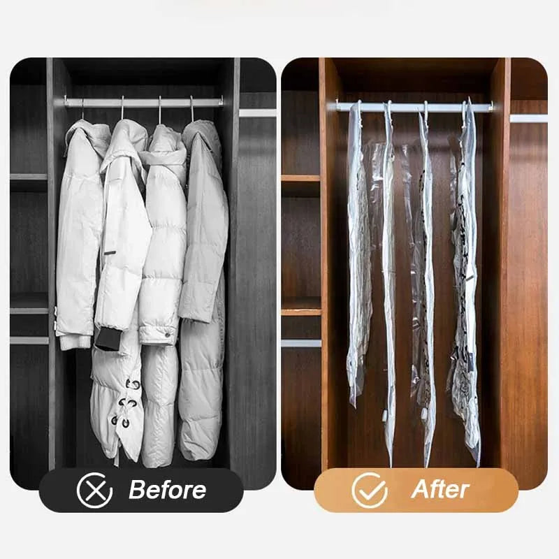 1pc Closet Hanging Organizer Vacuum Bag for Clothes Storage Bag with Hanger Space Saving Clear Seal Bags Wardrobe Compressed Bag Oasis Select