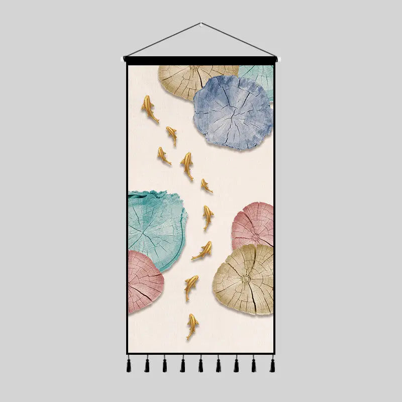 Tapestry decoration painting living room entrance porch new Chinese background cloth wall decoration hanging cloth wall decor Oasis Select 40cm x80cm 4 tassels 11