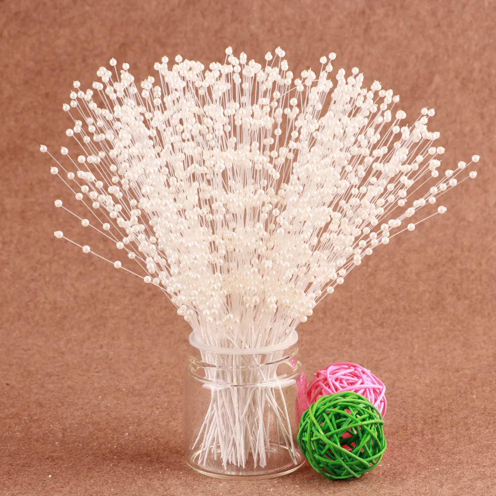 10pcs Bunch String Pearl Sticks Bridal Bouquets White Pink Blue Beaded Handmade Flower Stem Beads Wedding Party Decor Gift Oasis Select