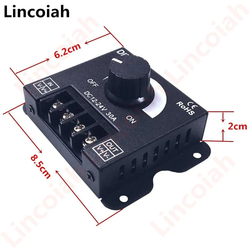 LED Light Strip Dimmer, DC12V-24V 30A PWM Dimming Controller for Dimmer Knob Adjust Brightness ON/Off Switch, Aluminum Housing Oasis Select