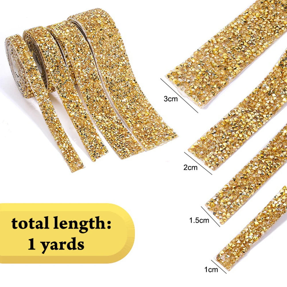 1 Yard Self-Adhesive Gold Crystal Rhinestone Tape Trim Applicator DIY Shoes Dresses Decoration Rhinestones Ribbon Roll Crafts Oasis Select