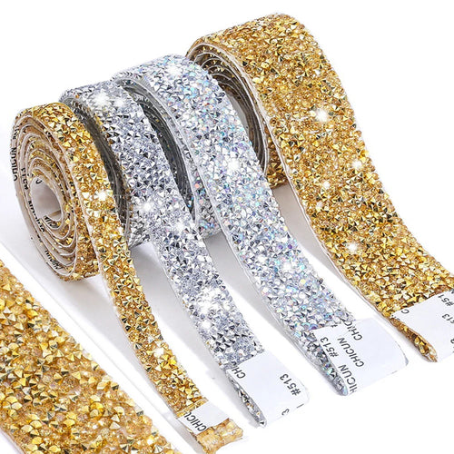 1 Yard Self-Adhesive Gold Crystal Rhinestone Tape Trim Applicator DIY Shoes Dresses Decoration Rhinestones Ribbon Roll Crafts Oasis Select