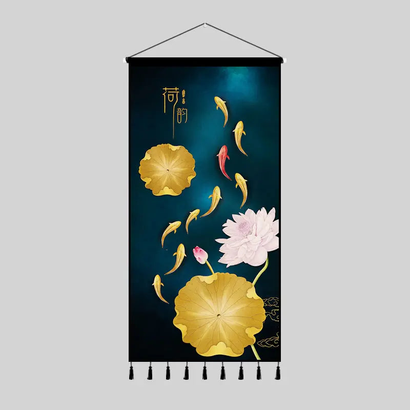 Tapestry decoration painting living room entrance porch new Chinese background cloth wall decoration hanging cloth wall decor Oasis Select 40cm x80cm 4 tassels 3