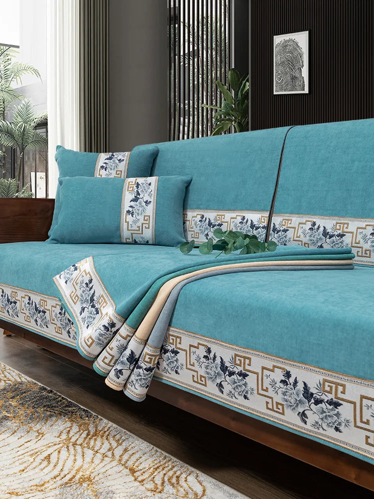 Four seasons universal high-grade solid wood non-slip new Chinese sofa cushion Nordic minimalist style back towel couch cover Oasis Select
