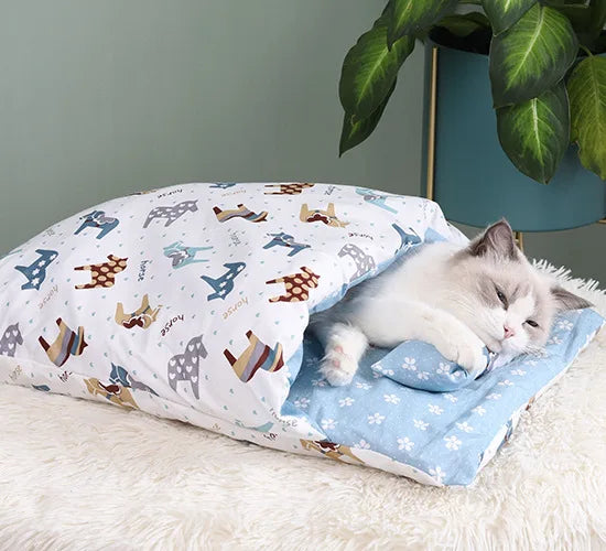 Japanese Cat Bed Warm Sleeping Bags Deep Sleep Caves Winter Removable Pet Cat's House Bed for Cats Dogs Nest Cushion with Pillow Oasis Select E L