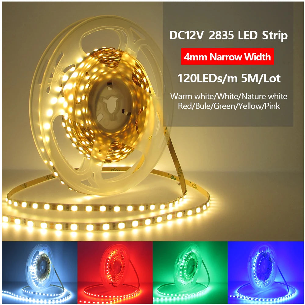 4mm Narrow Width 12V LED Strip Light 2835 120led/m 5M Not Waterproof Ledstrips Flexible 12V Tape Led Strip Decor Light 12 V Volt Oasis Select