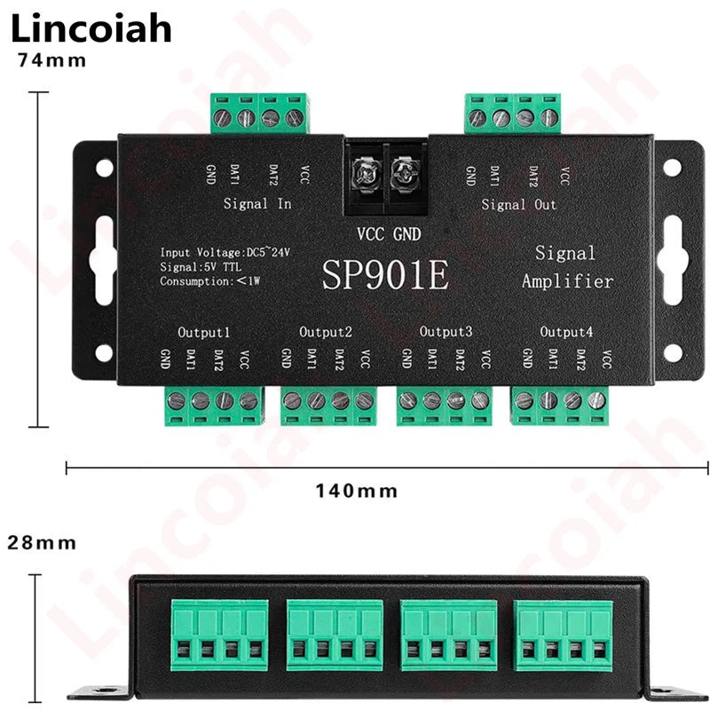SP901E SPI Signal Amplifier Repeater for WS2812B WS2811 WS2813 RGB Addressable LED Pixel Strip Programmable Matrix Panel Light Oasis Select