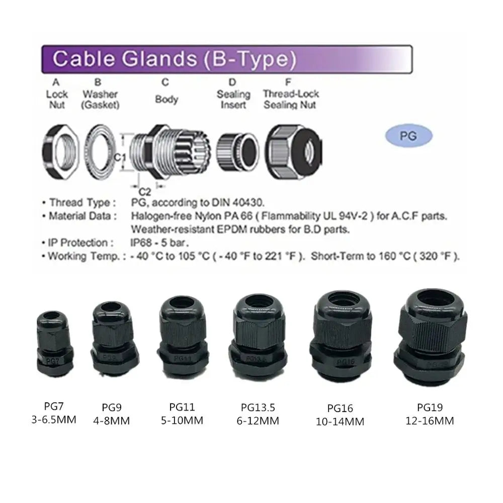 10 Pieces Nylon Cable Gland Kit, Waterproof Ip68 Cable Gland Joints Adjustable Locknut, Pg7 Pg9 Pg11 Pg13.5 Pg16 Oasis Select